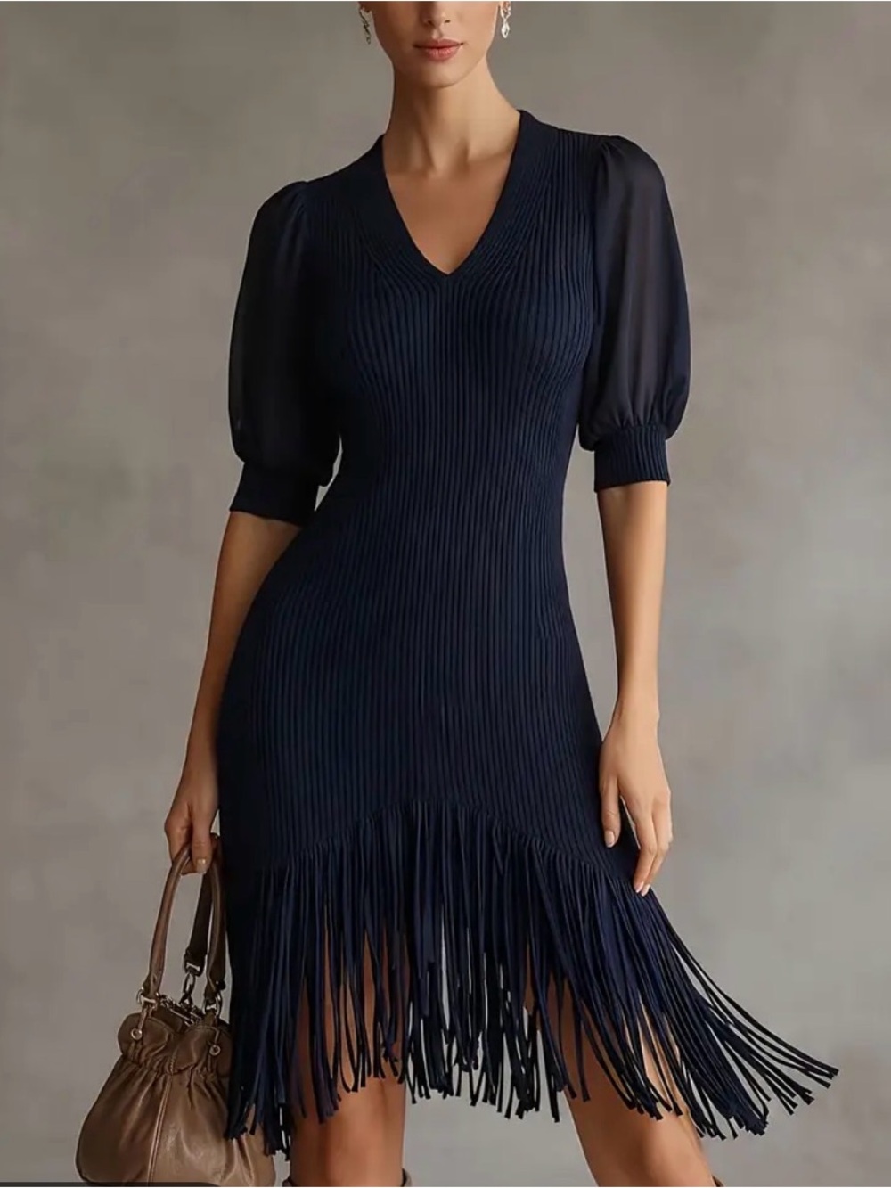Fengqiaoman Navy Fringe Knit Midi Dress with Sheer Puff Sleeves Size Medium